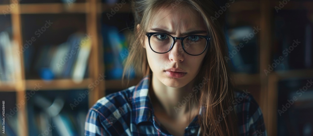 Portrait Of A Young Unhappy Student Girl In Natural Light Dressed In A Plaid Shirt Emotional Facial Expression Long Hair And Glasses Portrait Of A Young Unhappy Student Girl In Natural Light Dressed In A Plaid Shirt Emotional Facial Expression Long Hair And Glasses