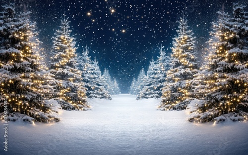 A snowy night with trees and lights in the background, dark blue background white snow, pine tree forest sparkling stars Generative AI