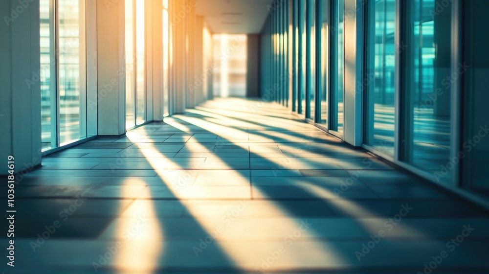 Empty office corridor featuring light and shadows created by sunlight on the walls with a blurred modern building hallway in the background Empty office corridor featuring light and shadows created by sunlight on the walls with a blurred modern building hallway in the background