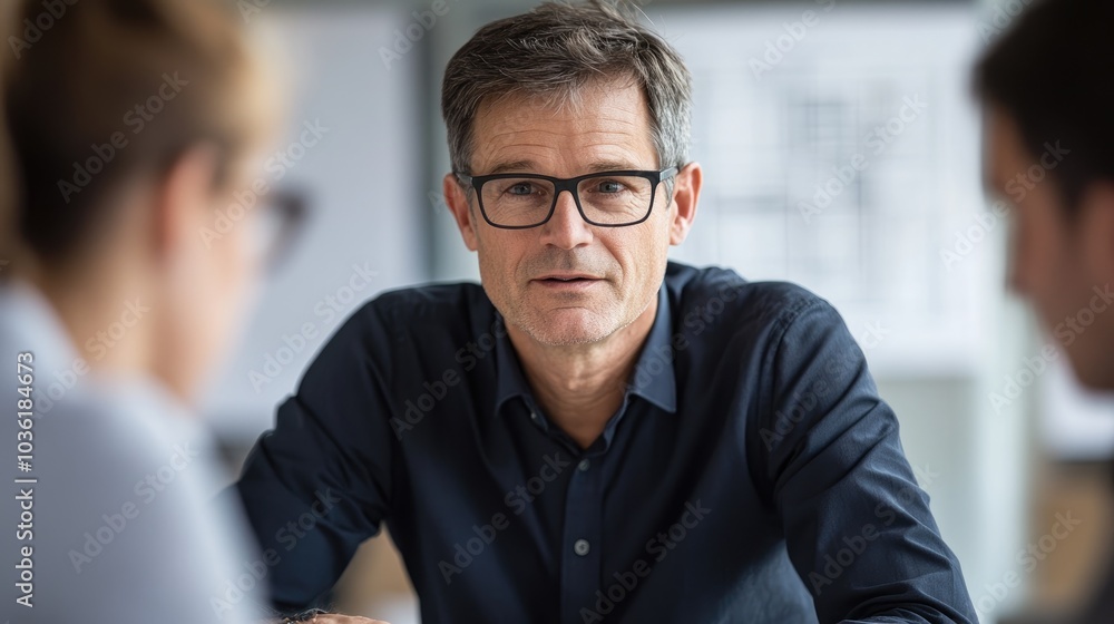 Business professional wearing glasses engaging in a discussion with colleagues in an office with architectural plans visible in the background during a professional meeting Business professional wearing glasses engaging in a discussion with colleagues in an office with architectural plans visible in the background during a professional meeting
