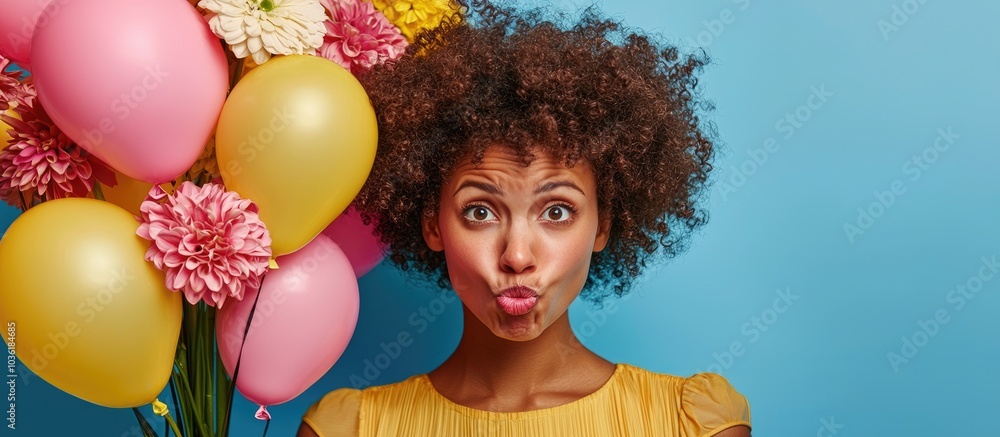 Obraz premium Insulating Herself Annoyed Curly Woman Being Inflated By Bouquet Of Flowers Making Distance With Them