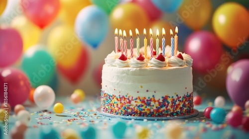 Colorful Birthday Cake with Candles Surrounded by Vibrant Balloons in a Celebratory Atmosphere