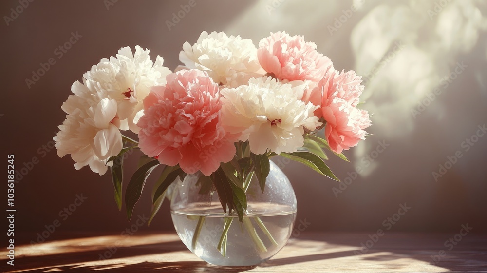 Obraz premium Delicate pink and white peonies in a vase illuminated by sunlight featuring ample copy space