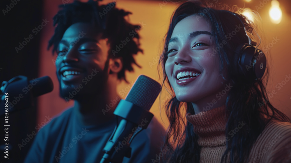 Two individuals are enthusiastically recording a podcast. They wear headphones and use professional microphones, sharing joyful moments. Ideal for media, broadcasting, and communication themes.