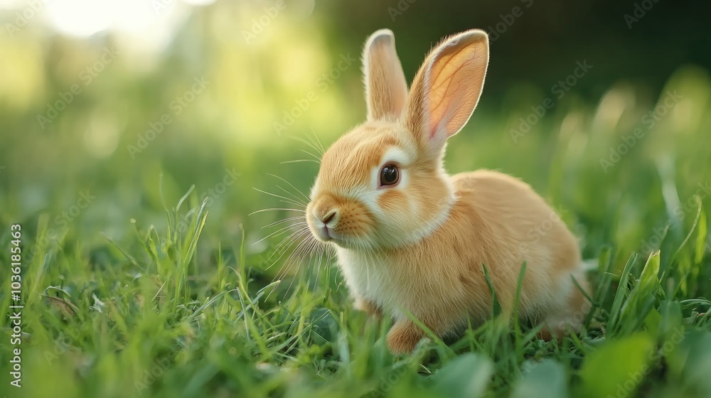 Obraz premium Cute domestic rabbit in a lush green meadow showcasing adorable wildlife often found as a beloved pet on farms