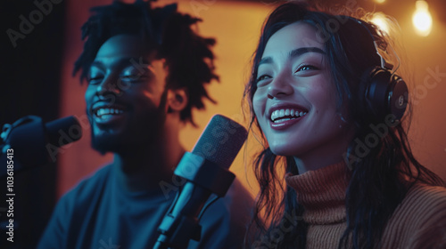 Obraz na płótnie Two individuals are enthusiastically recording a podcast. They wear headphones and use professional microphones, sharing joyful moments. Ideal for media, broadcasting, and communication themes. w salonie