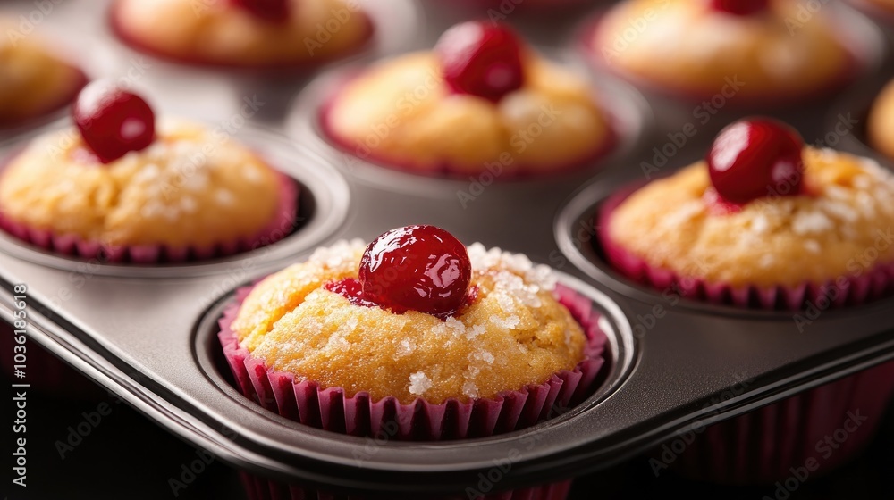 Cherry orange muffins in a baking pan culinary backdrop Cherry orange muffins in a baking pan culinary backdrop
