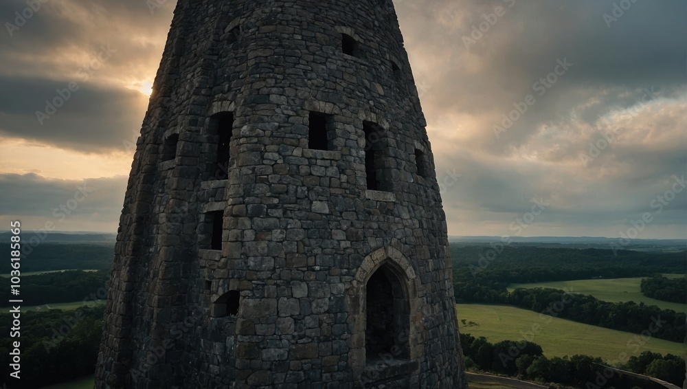 An impressive archer tower framed by mountains creates a stunning visual panorama An impressive archer tower framed by mountains creates a stunning visual panorama