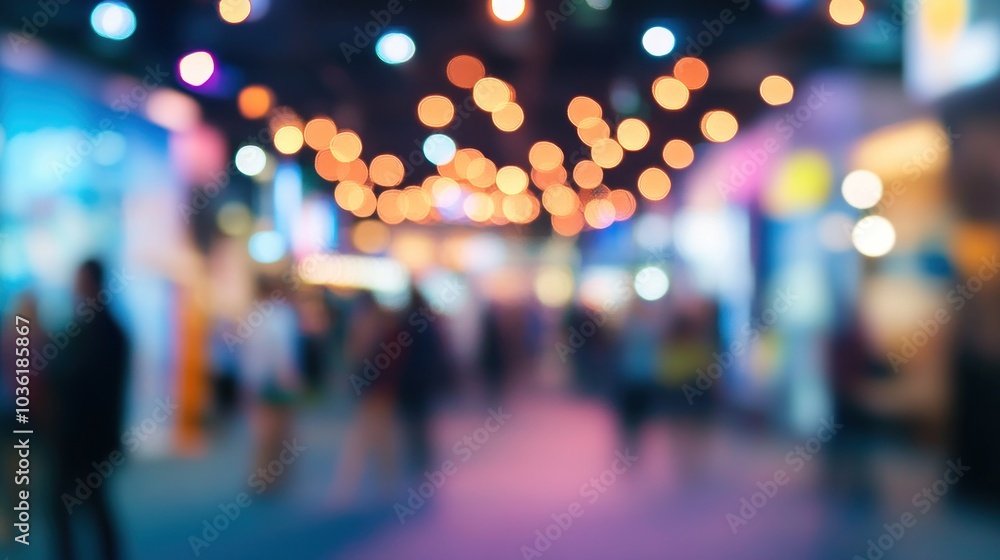 A blurred scene of a lively event with colorful lights and people in motion. A blurred scene of a lively event with colorful lights and people in motion.