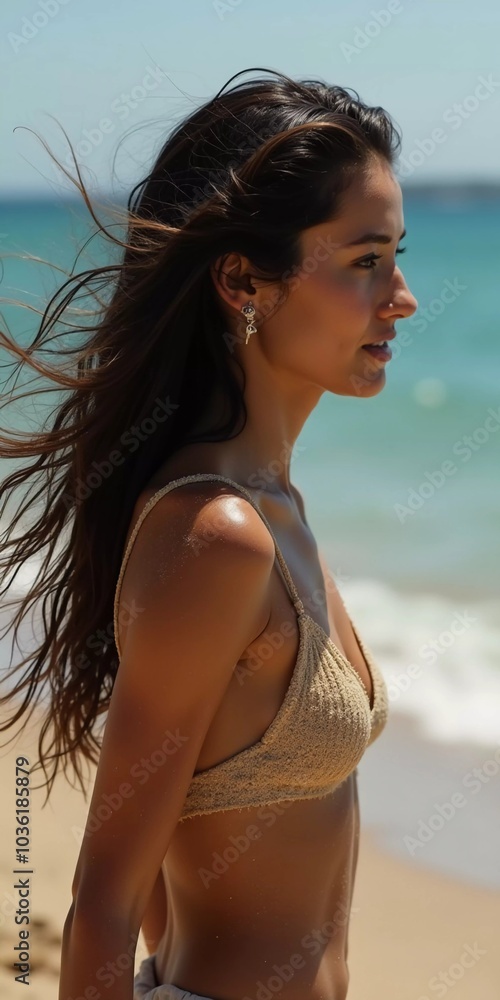 Brunette woman stands by ocean or sea, enjoying sun and surf while wearing a stylish swimsuit, highlighting relaxed beach atmosphere. Beautiful young face. Advertisement for travel or clothes. AI. Brunette woman stands by ocean or sea, enjoying sun and surf while wearing a stylish swimsuit, highlighting relaxed beach atmosphere. Beautiful young face. Advertisement for travel or clothes. AI.