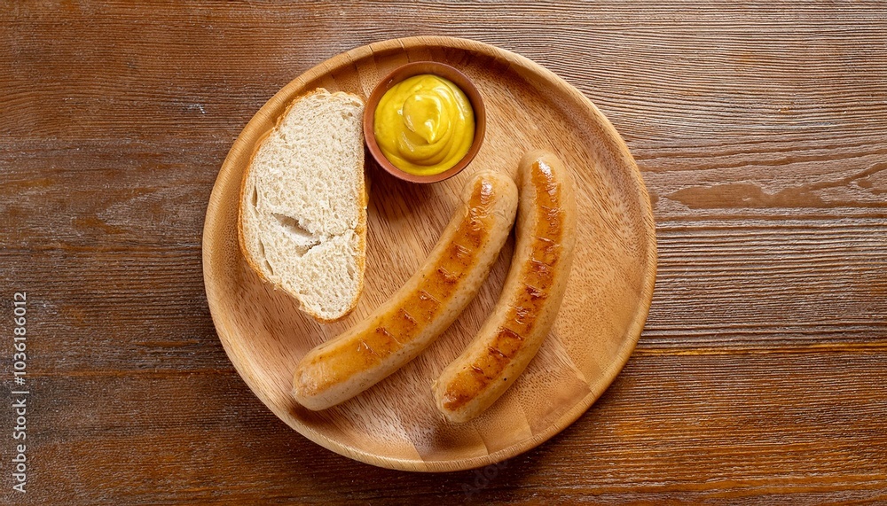 Two Frankfurter sausages on a rustic wooden plate, served with mustard and a slice of farmhouse bread. Two Frankfurter sausages on a rustic wooden plate, served with mustard and a slice of farmhouse bread.
