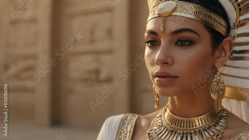 Woman in ancient Egyptian gold jewelry with serious expression in close-up portrait photo