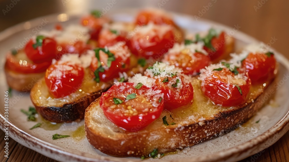 Bruschetta topped with cherry tomatoes sauce and parmesan cheese Bruschetta topped with cherry tomatoes sauce and parmesan cheese