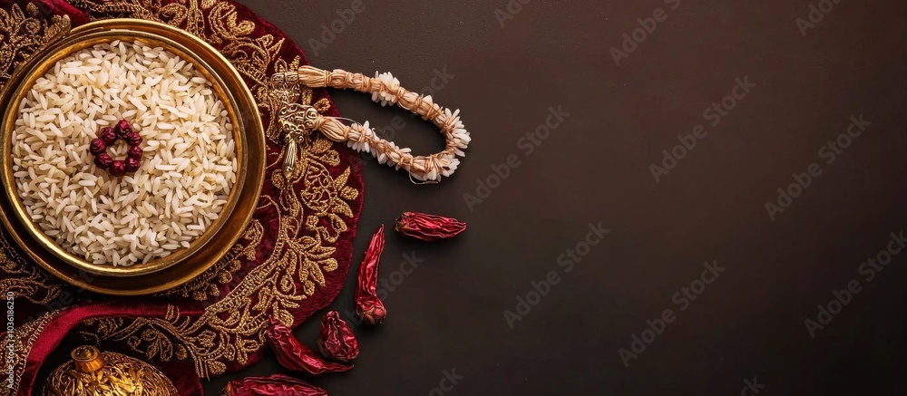 Obraz premium A Rakhi With Rice Grains And Kumkum Raksha Bandhan Festival Indian Festival Background