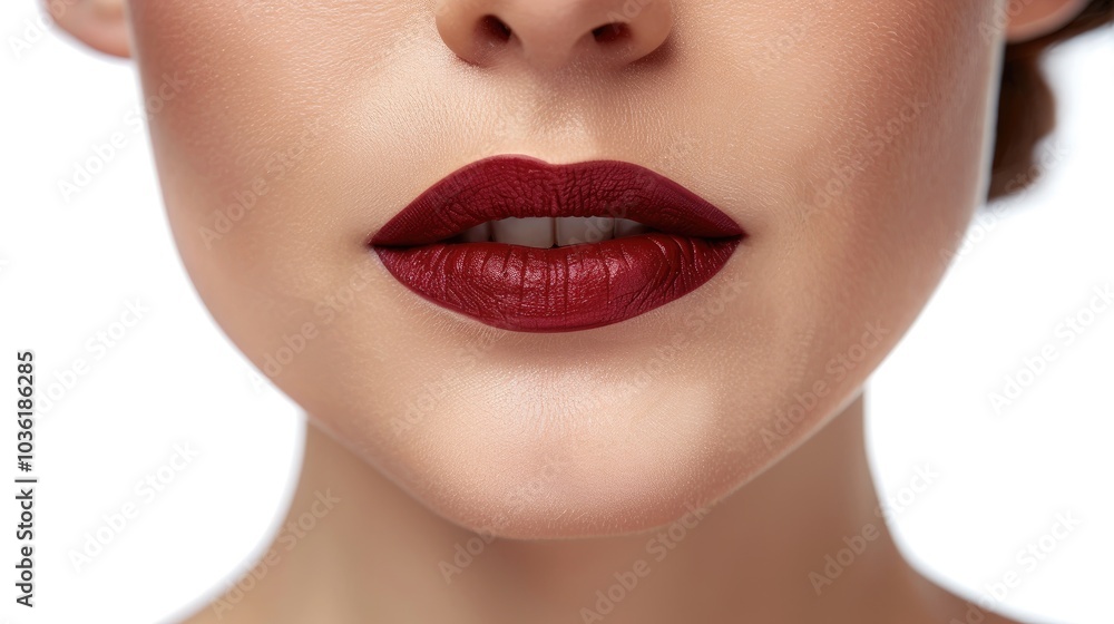 Naklejka premium Lips With Red Cherry Marsala Lipstick Of Young Model Woman On White Background Beauty Skin Care Style