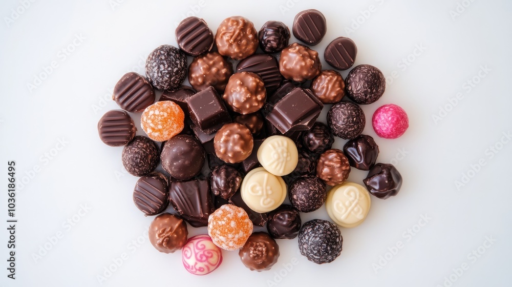 Obraz premium Assorted chocolate coated candies piled on a white surface
