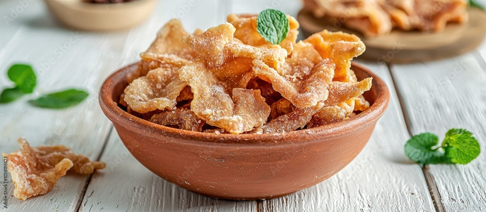 Close Up Of Pork Cracklings From Lard In Brown Tile Bowl On White Wooden Table Background Selective Focus Close Up Of Pork Cracklings From Lard In Brown Tile Bowl On White Wooden Table Background Selective Focus