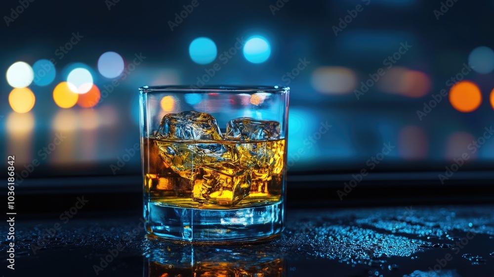 Whiskey glass with ice showcased from a car window at night capturing the essence of urban life and adventure Whiskey glass with ice showcased from a car window at night capturing the essence of urban life and adventure