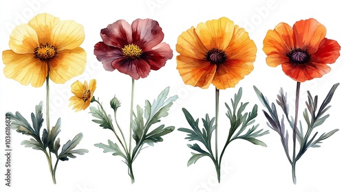 Wallpaper Mural Watercolor poppy flowers, vibrant floral illustrations, orange and yellow petals, detailed botanical art, hand-painted stems and leaves, artistic decor, nature-inspired, copy space.
 Torontodigital.ca