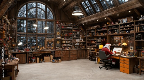 A beautifully decorated workshop filled with toys and festive cheer, showcasing a Santa suit in the center and a warm, inviting glow