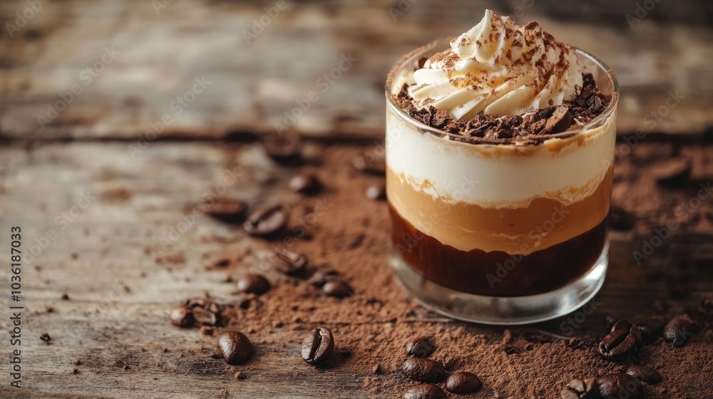 Coffee and cream dessert served in a glass on a rustic table Coffee and cream dessert served in a glass on a rustic table