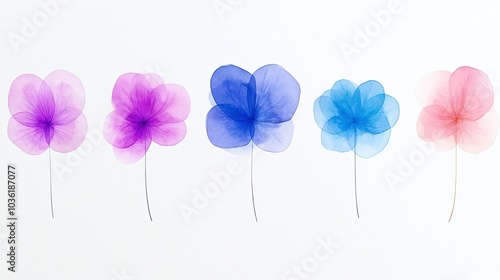 Transparent flower illustrations, pink, purple, and blue petals, abstract floral design, modern artistic elements, soft and airy, minimalistic decor, light background, copy space.
