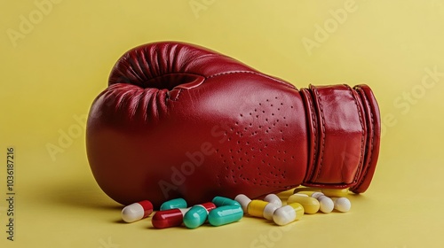 Boxing gloves and medication Banner with text space Concept of sports drugs anabolics and steroids photo