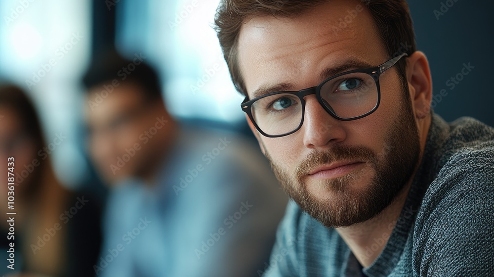 A male manager in glasses actively engages in a business meeting while demonstrating leadership skills A male manager in glasses actively engages in a business meeting while demonstrating leadership skills