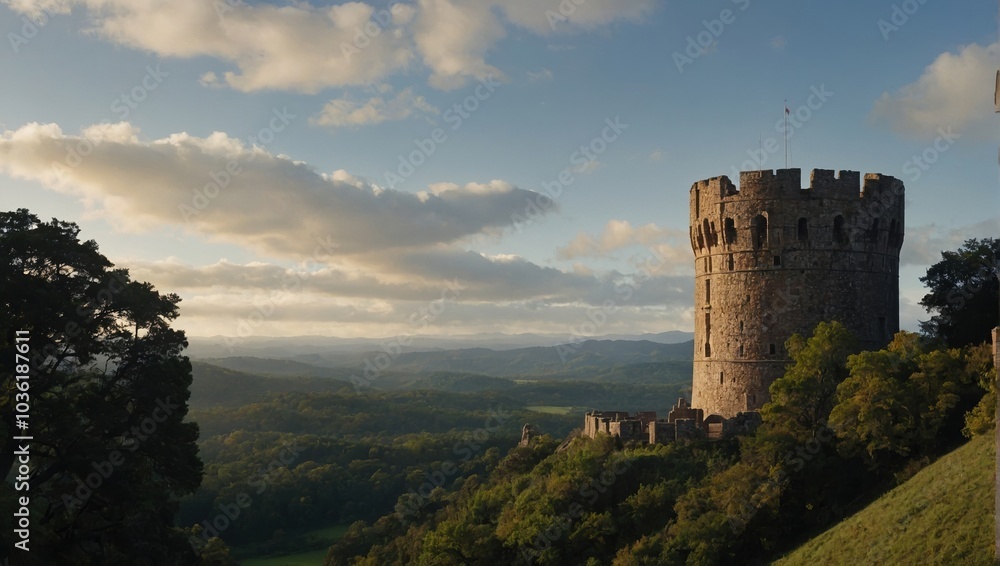 An impressive archer tower surrounded by vibrant foliage is a sight to see in autumn An impressive archer tower surrounded by vibrant foliage is a sight to see in autumn