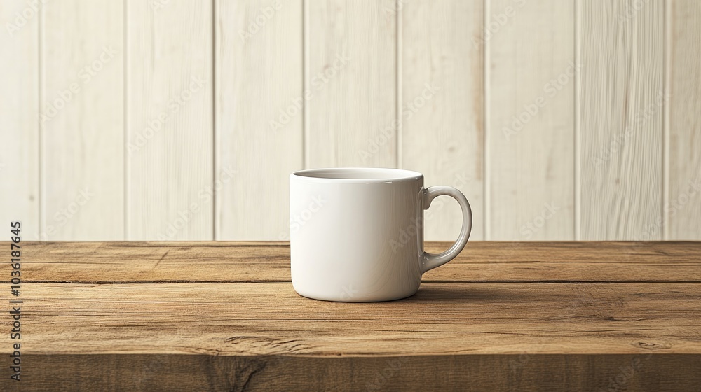 White coffee cup positioned on a wooden surface perfect for design mockup presentations White coffee cup positioned on a wooden surface perfect for design mockup presentations