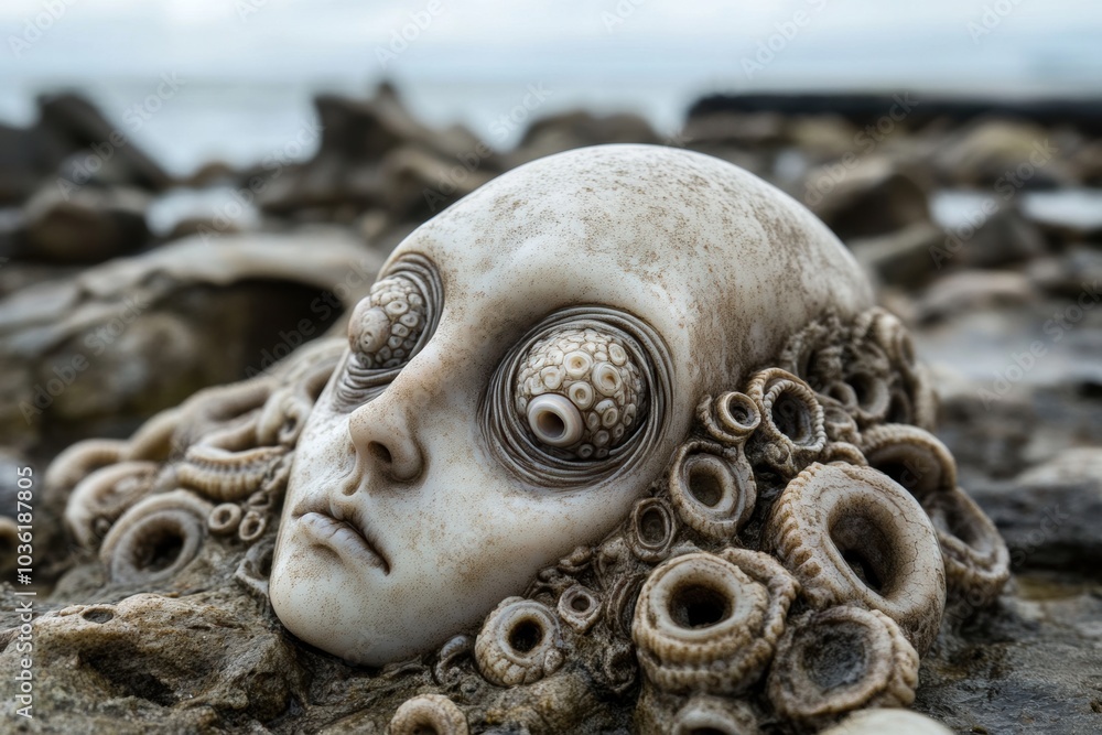 Surreal sculpture of a face with tentacle-like features on a rocky shore, AI Surreal sculpture of a face with tentacle-like features on a rocky shore, AI