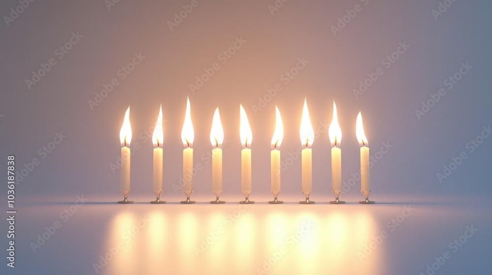 Elegant menorah with nine lit candles on reflective surface celebrating hanukkah festival of lights Elegant menorah with nine lit candles on reflective surface celebrating hanukkah festival of lights