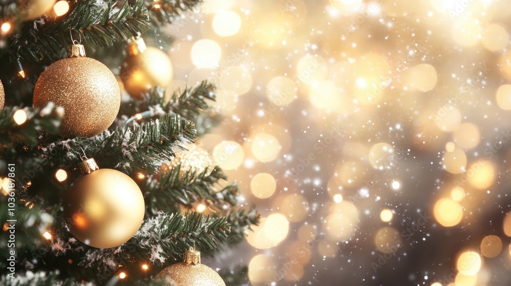 Christmas tree adorned with golden ornaments and soft bokeh lights in the background Christmas tree adorned with golden ornaments and soft bokeh lights in the background