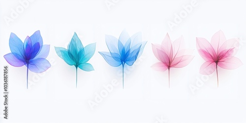 Transparent abstract flowers, artistic floral illustration, shades of blue and pink, minimalistic translucent petals, modern design, soft color palette, elegant decor, copy space.
