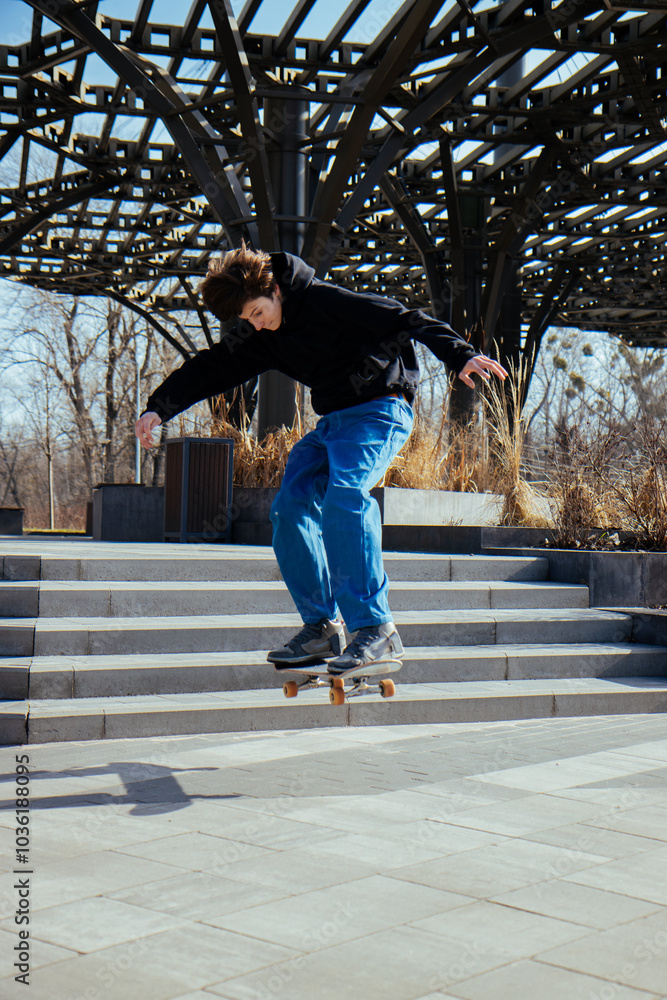 A skater soars through the air after jumping off a set of stairs, showcasing impressive skills and daring. The dynamic shot captures the thrill of skateboarding and the excitement of the moment.