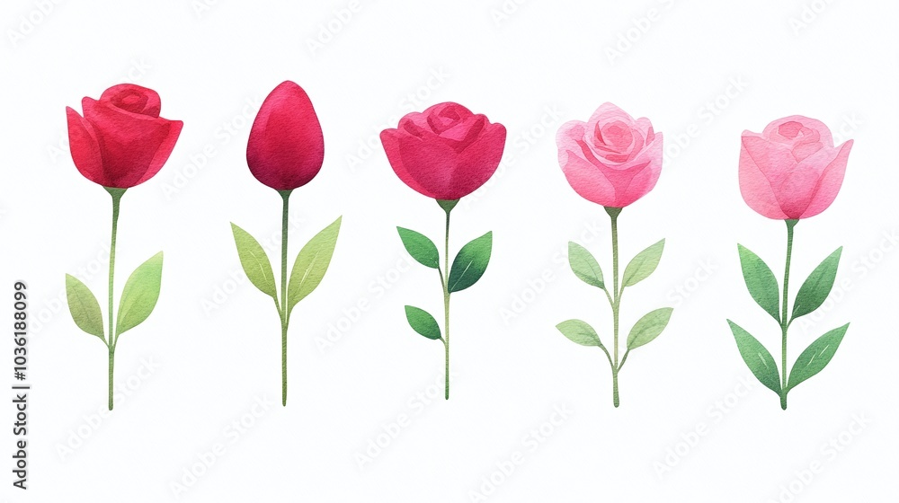 Obraz premium Watercolor pink and red roses, floral art, romantic flower illustrations, green stems, natural leaves, minimalistic floral design, elegant bouquet, artistic set, copy space.
