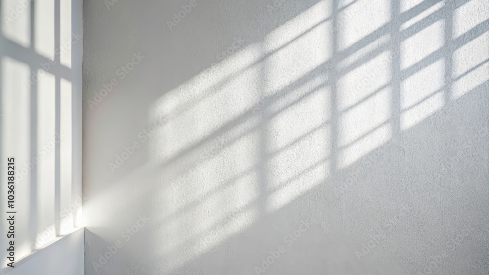 Empty white room with sunlight casting geometric shadows from window on wall Empty white room with sunlight casting geometric shadows from window on wall