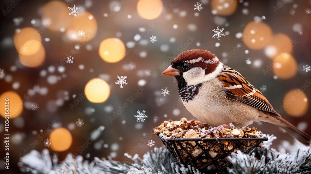 Obraz premium A colorful bird enjoys food on an iron birdhouse while snowflakes fall softly in a serene winter forest