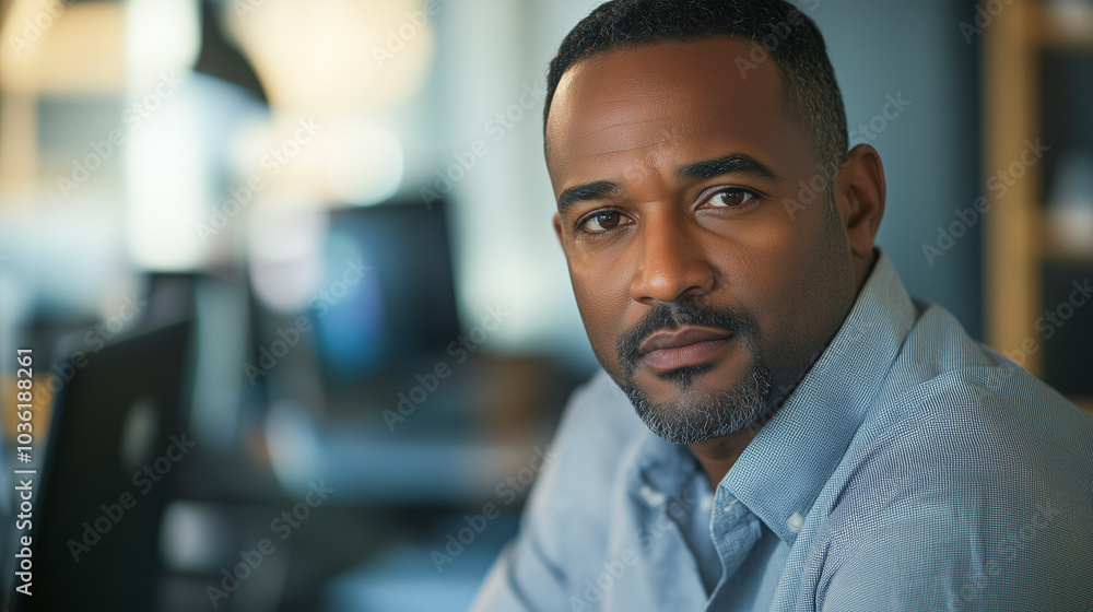 An African American businessman sits in his office, focused on his work An African American businessman sits in his office, focused on his work