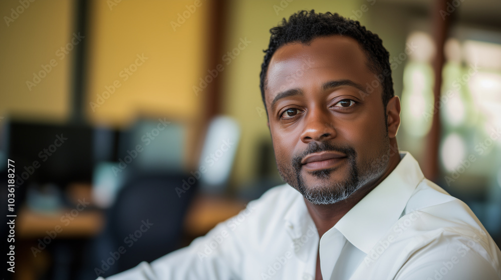A Confident African American man with a goatee beard is wearing a white shirt and looking directly at the camera. He is sitting in an office setting, with blurred office furniture in the background. A Confident African American man with a goatee beard is wearing a white shirt and looking directly at the camera. He is sitting in an office setting, with blurred office furniture in the background.