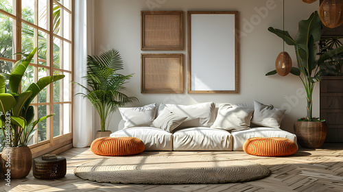 living room with fireplace and orang pellow  Generated AI  photo