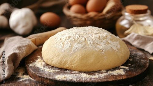 Freshly made yeast dough for nutritious homemade bread displayed on a dark brown wooden surface