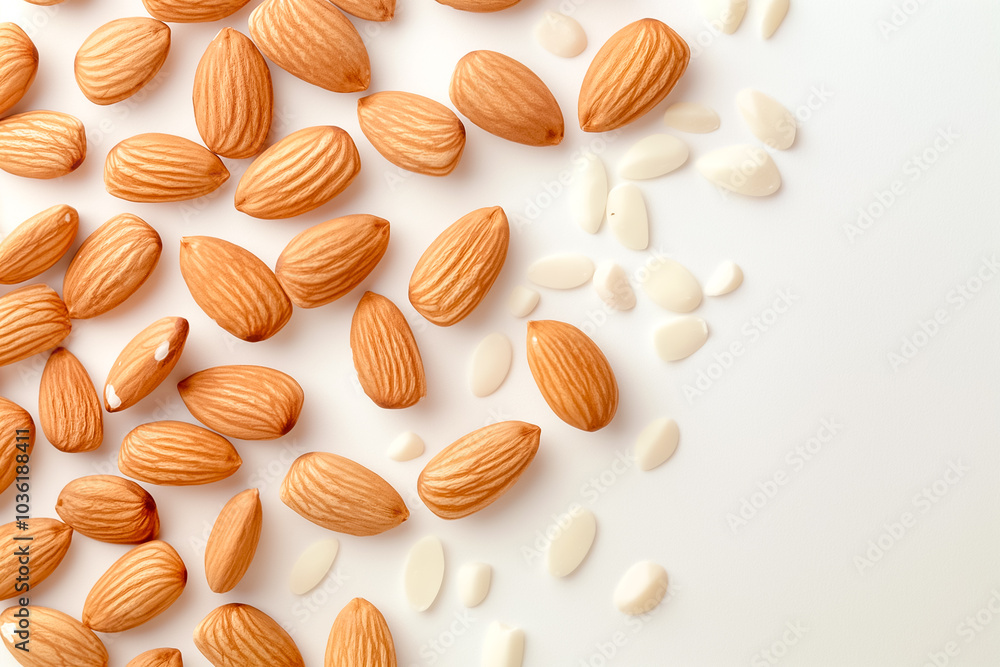Almonds and white sesame seeds create a beautiful pattern on a bright surface, inviting thoughts of healthy cooking and nutritious recipes in a cozy kitchen atmosphere Almonds and white sesame seeds create a beautiful pattern on a bright surface, inviting thoughts of healthy cooking and nutritious recipes in a cozy kitchen atmosphere