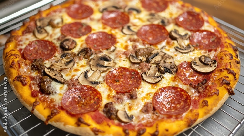 Top view of a freshly baked pizza topped with salami sujuk sausage slices mushrooms and mozzarella cheese on a cooling rack