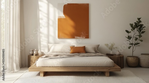 Minimalist bedroom interior featuring neutral tones a wooden double bed with pillows comfortable furnishings and abstract orange wall art on a white backdrop