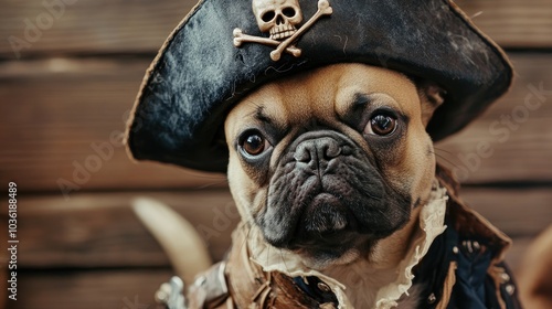 Humorous fawn French Bulldog dressed as a pirate complete with a hat and themed accessories photo