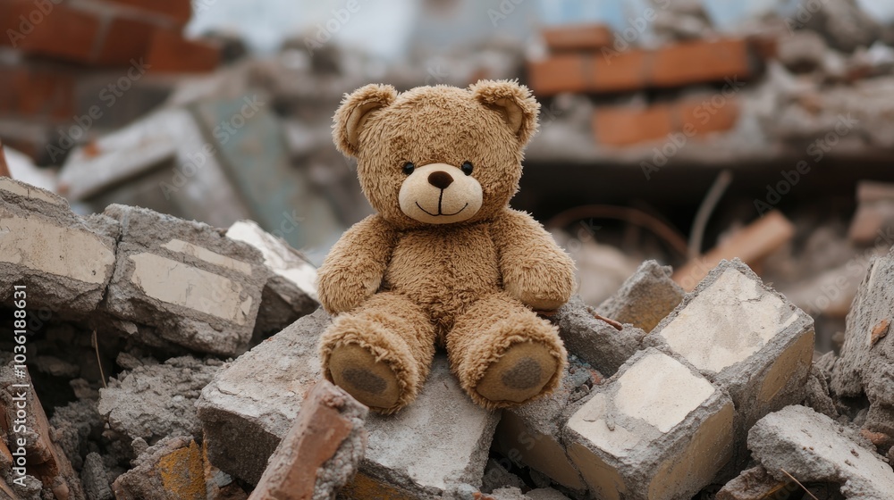 Teddy bear perched atop a rubble heap symbolizing loss Teddy bear perched atop a rubble heap symbolizing loss