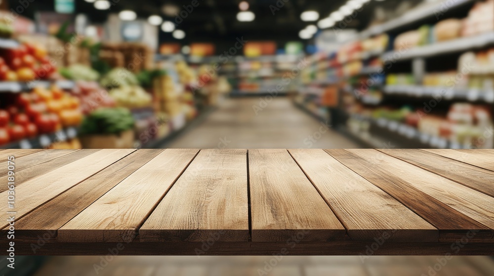 Empty wooden tabletop with a blurred supermarket interior in the background Empty wooden tabletop with a blurred supermarket interior in the background