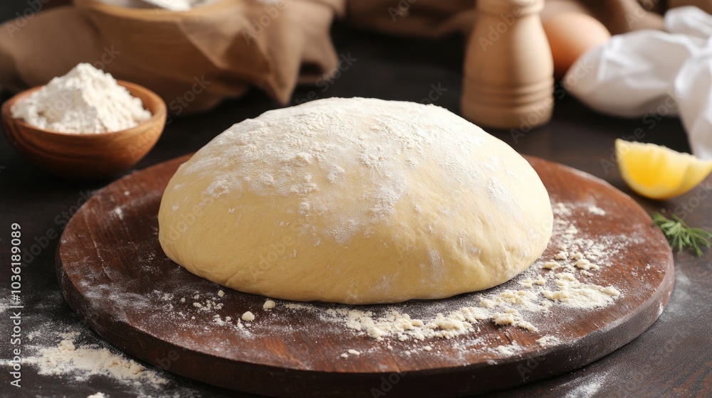 Freshly made yeast dough for nutritious homemade bread displayed on a dark brown wooden surface Freshly made yeast dough for nutritious homemade bread displayed on a dark brown wooden surface