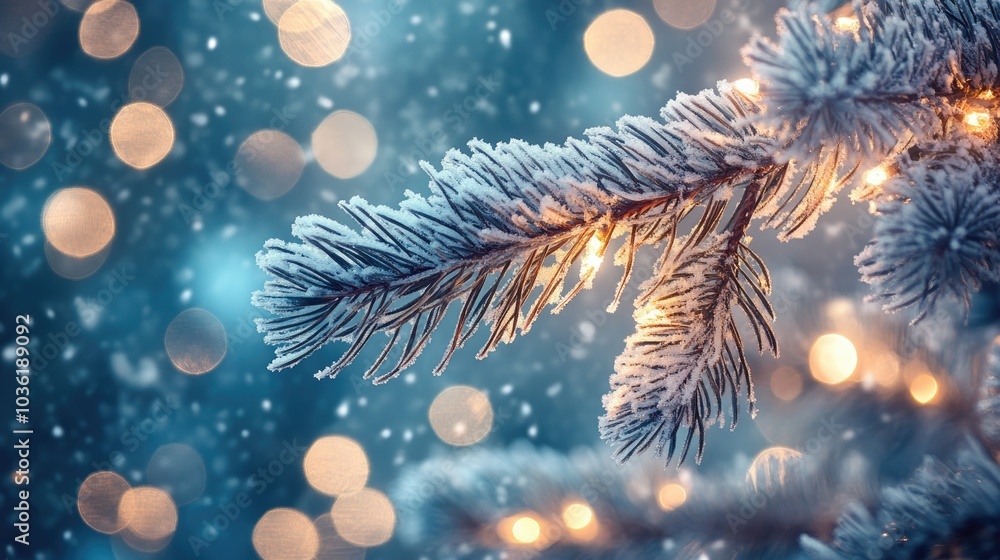Snow dusted pine branch adorned with shimmering bokeh lights evoking a winter wonderland atmosphere Snow dusted pine branch adorned with shimmering bokeh lights evoking a winter wonderland atmosphere